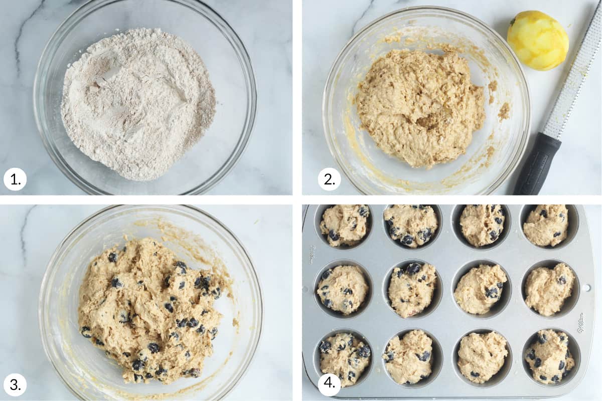 how to make blueberry lemon muffins in grid of steps.