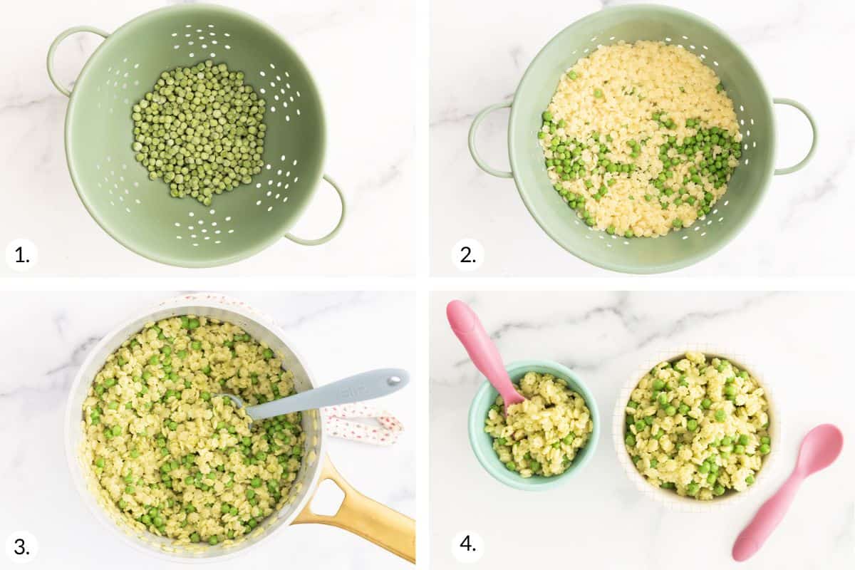 how to make pesto pasta with peas in grid of images.