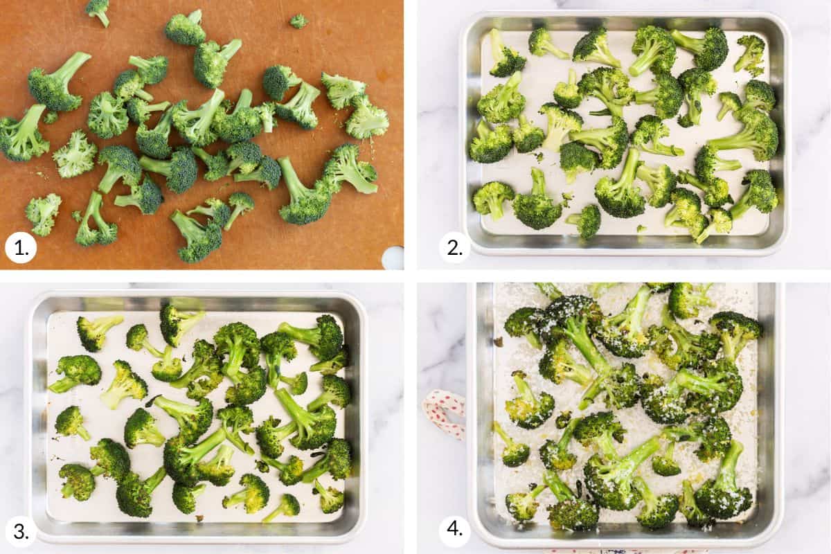 Four images in a collage showing the steps to make roasted broccoli. 