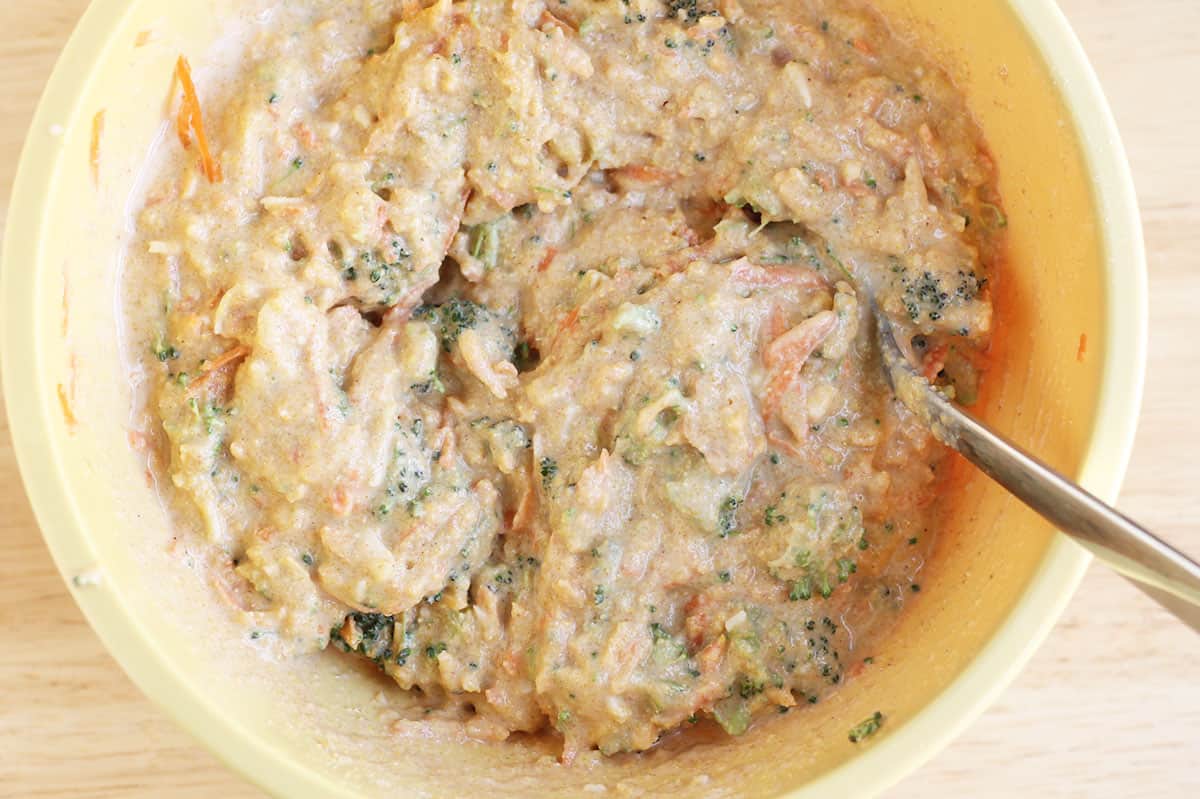 batter for veggie muffins in bowl.