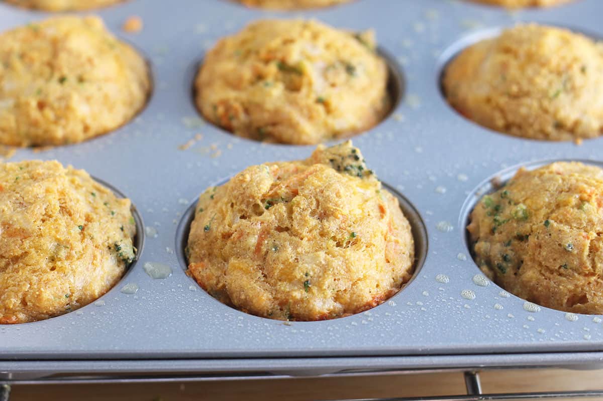veggie muffins baked in muffin tin.