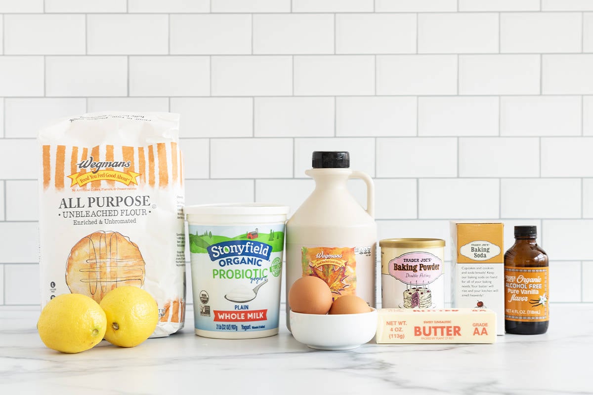Ingredients for lemon yogurt muffins on countertop.