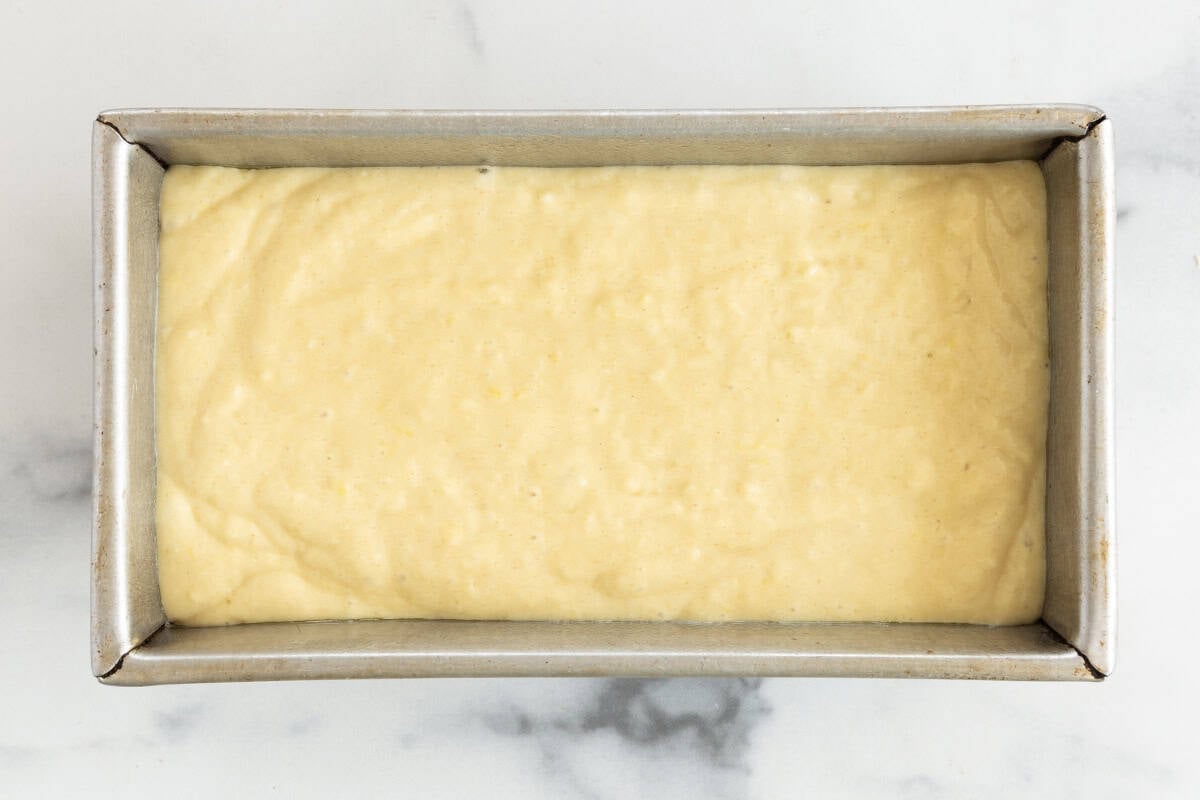 lemon yogurt cake batter in pan.