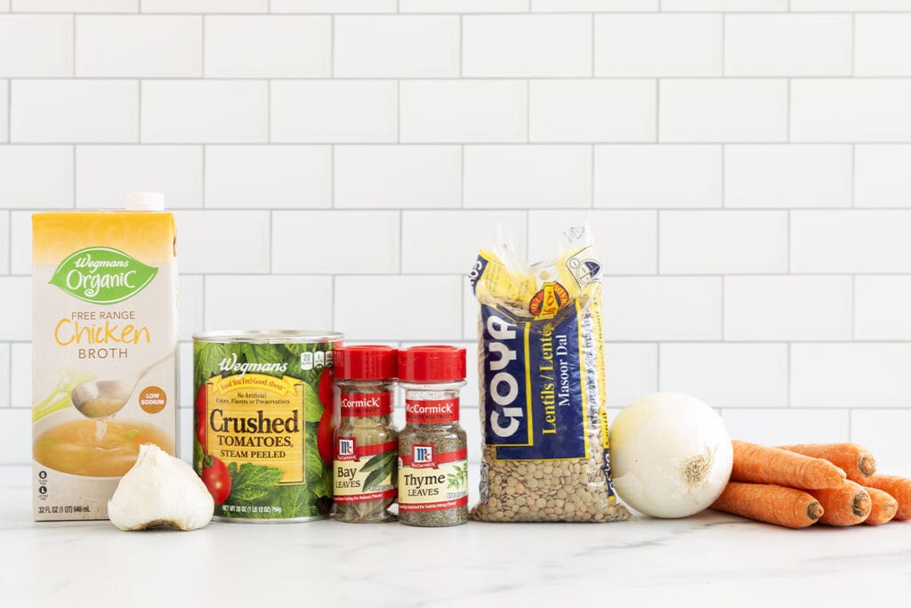 ingredients in vegetarian lentil soup on counter.