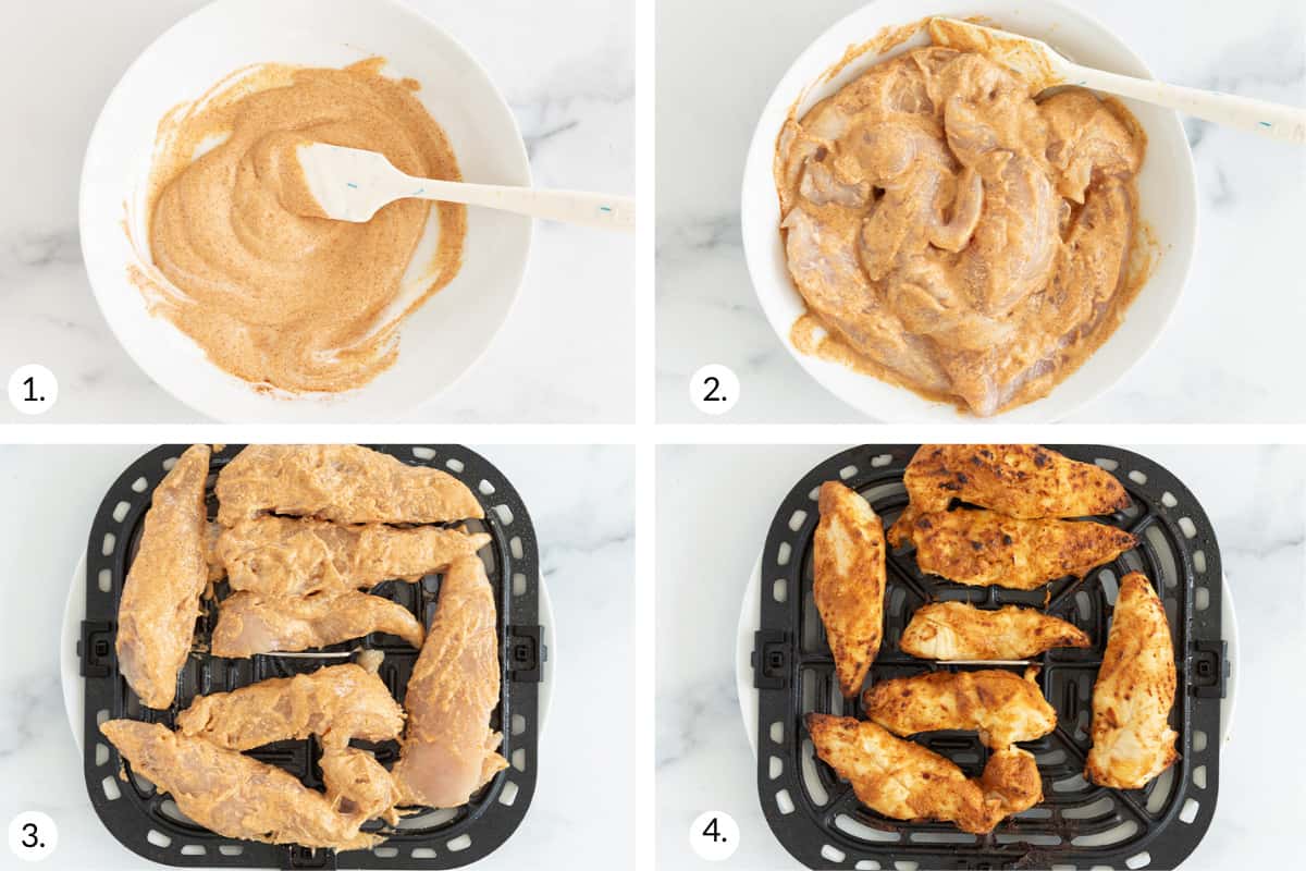 how to make marinated chicken tenders in grid of 4 images.
