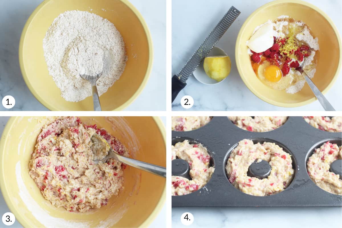 how to make raspberry donuts in grid of four images.