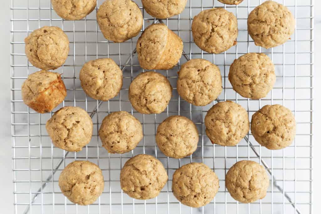 banana yogurt muffins on cooling rack.