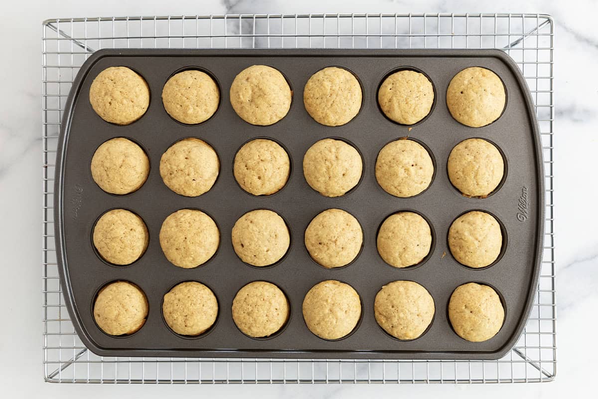 baked donut muffins in muffin pan on wire rack.