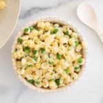 pasta with peas in bowl.