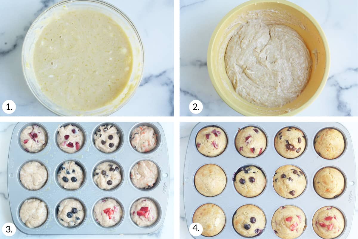 how to make yogurt muffins in grid of four images.