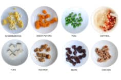 iron rich foods for kids and babies on white plates in grid of eight images.