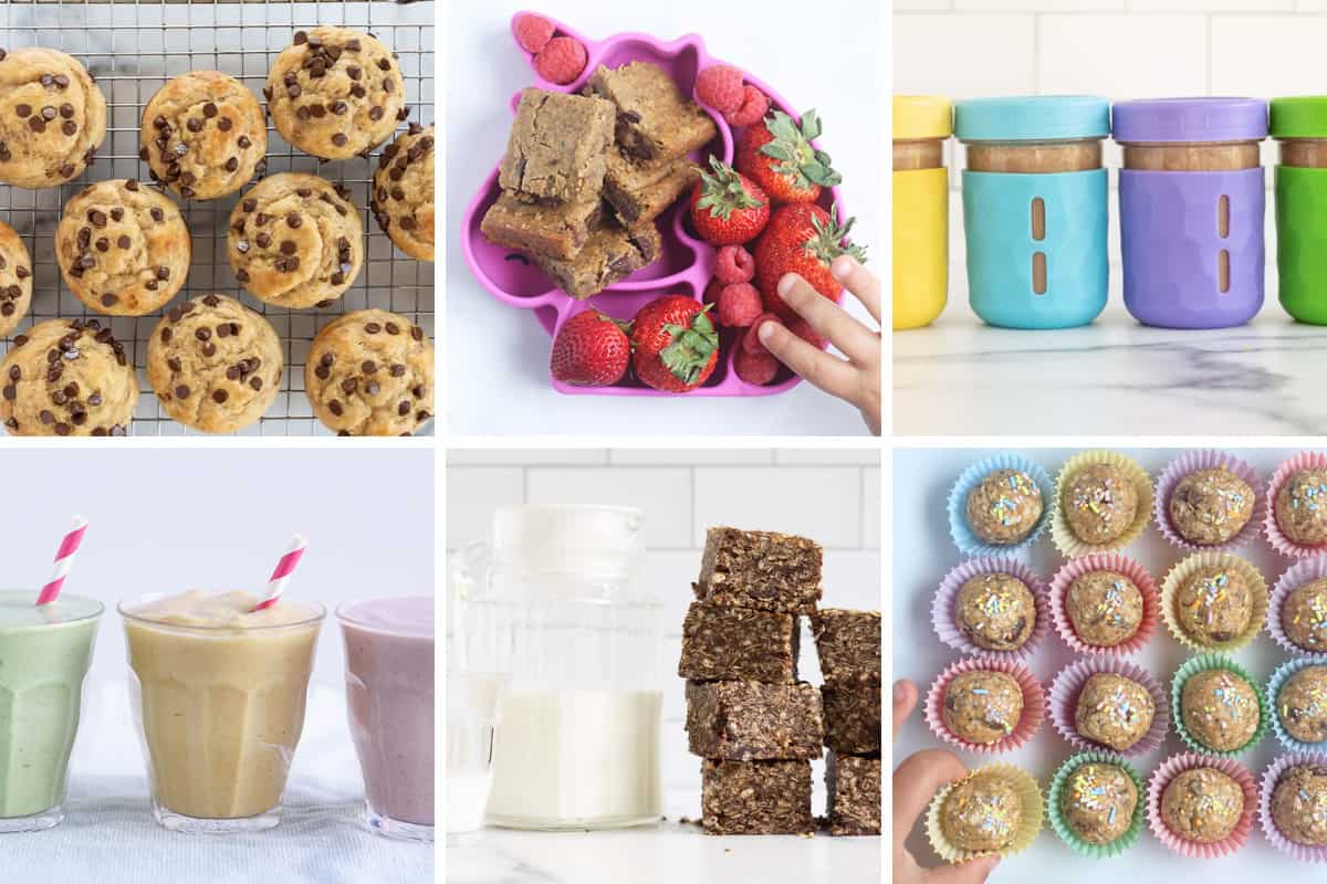 protein snacks for kids in grid of 6 images.