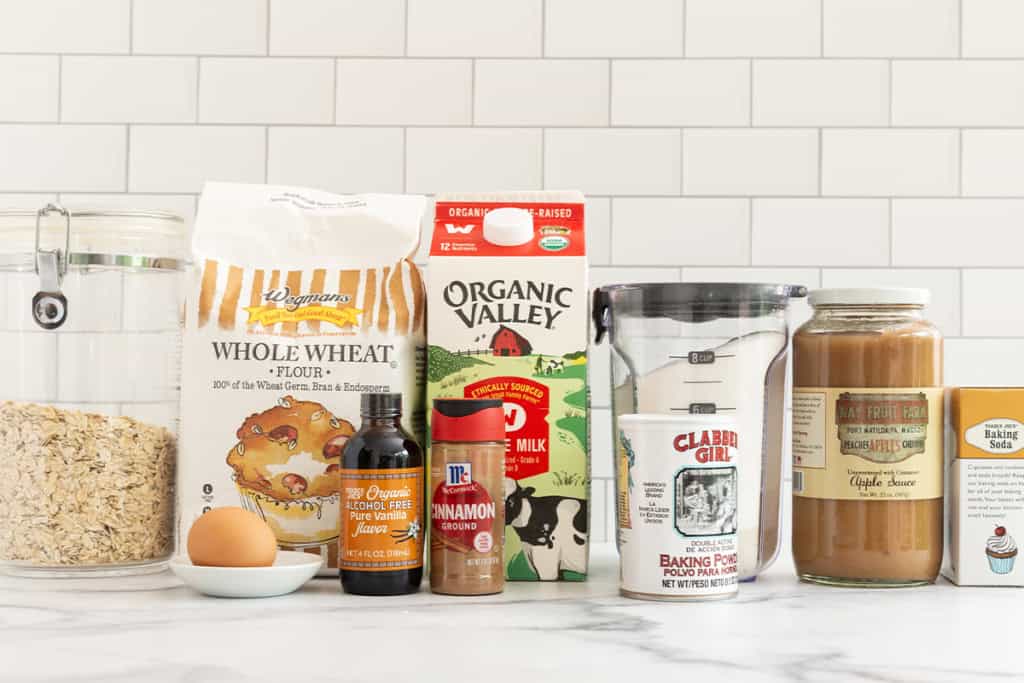 Ingredients for easy oatmeal muffins on countertop.