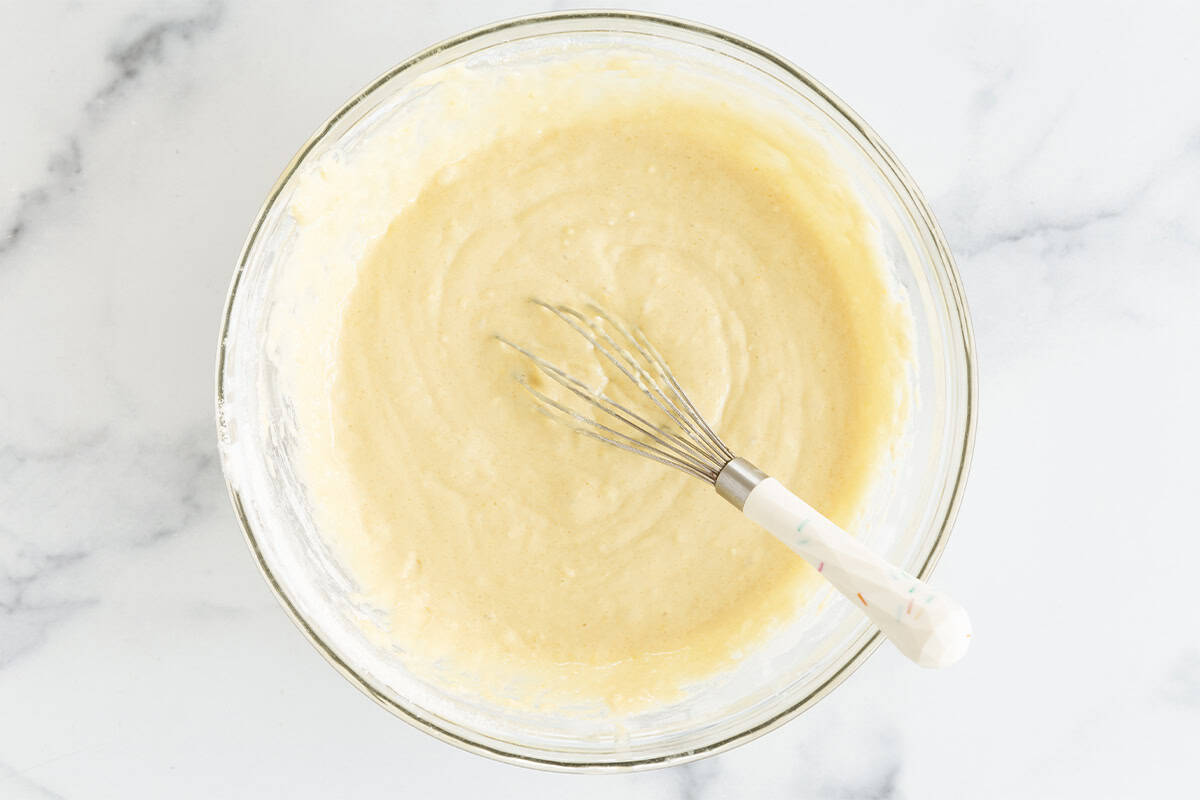 lemon yogurt muffin batter in bowl.