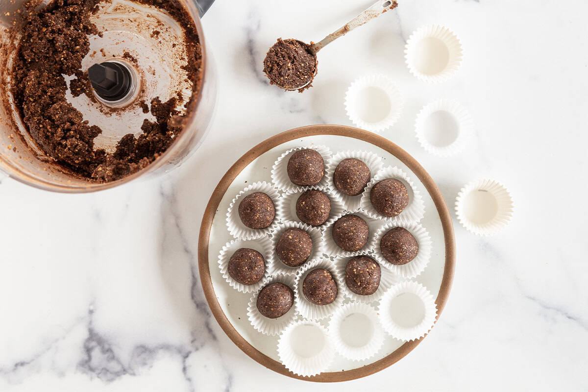 no bake chocolate balls with paper liners.