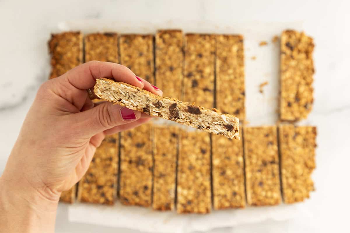 side view of sliced peanut butter granola bars.