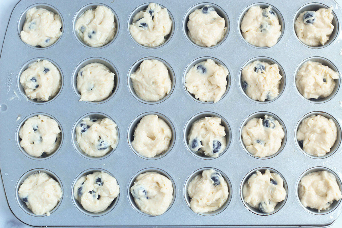 batter for mini blueberry muffins in mini muffin pan.
