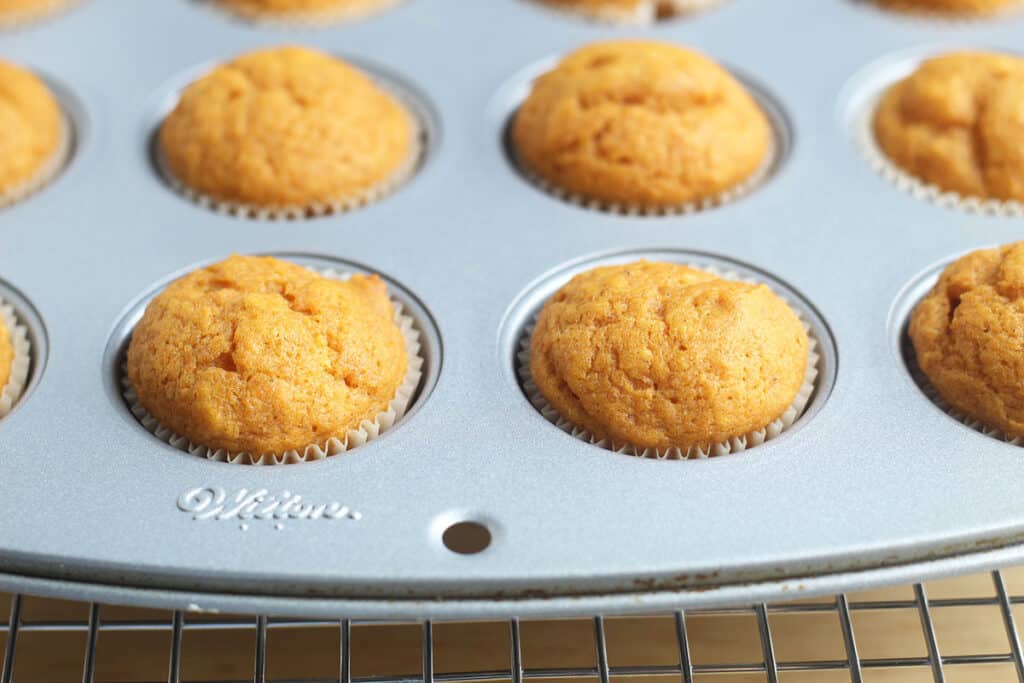 baked pumpkin cupcakes in baking pan.
