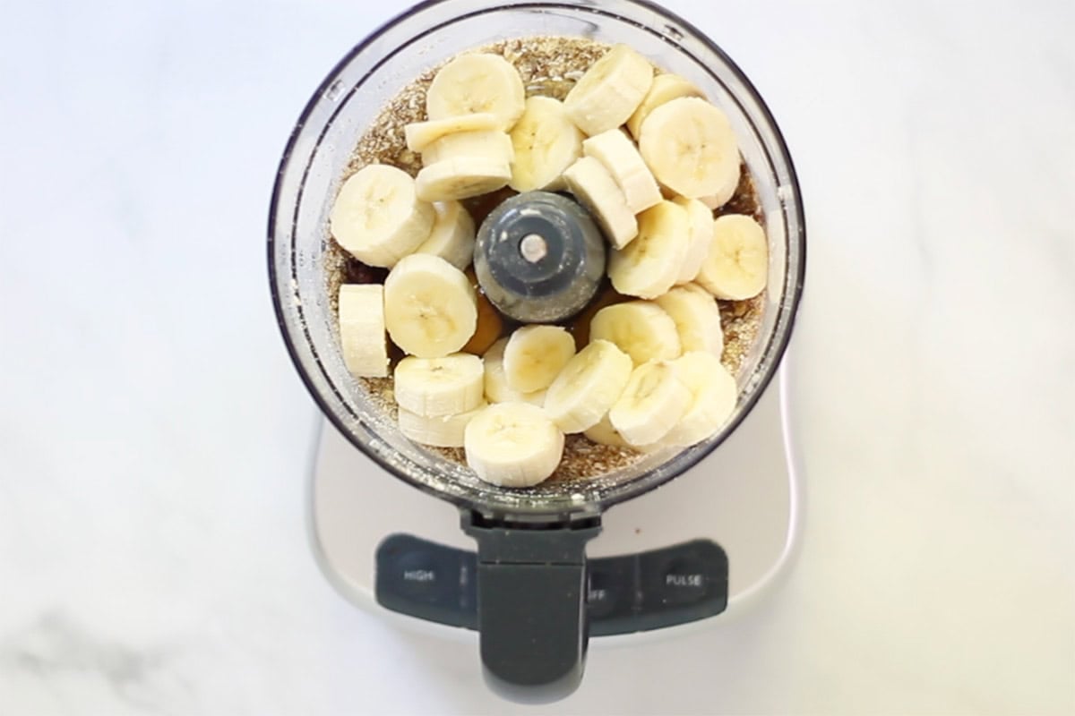batter for blueberry banana muffins in food processor. 