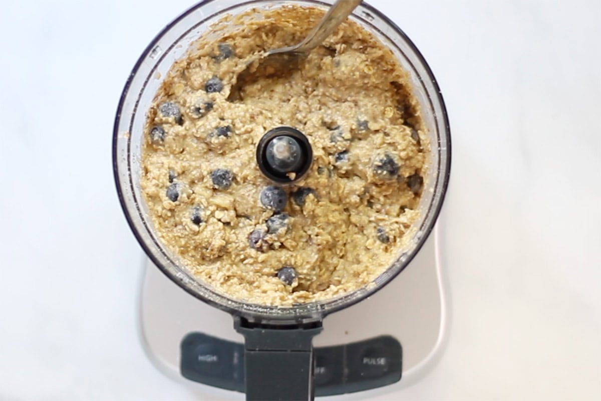 batter for blueberry banana muffins in food processor. 