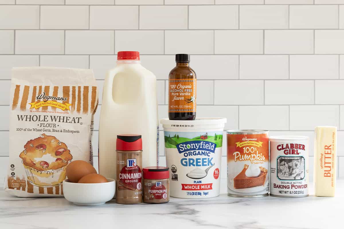 Ingredients for pumpkin protein pancakes on countertop.
