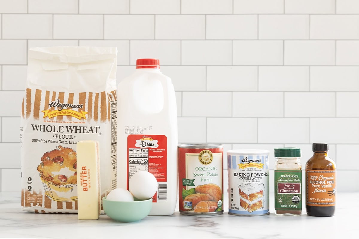 Ingredients for sweet potato pancakes on countertop. 