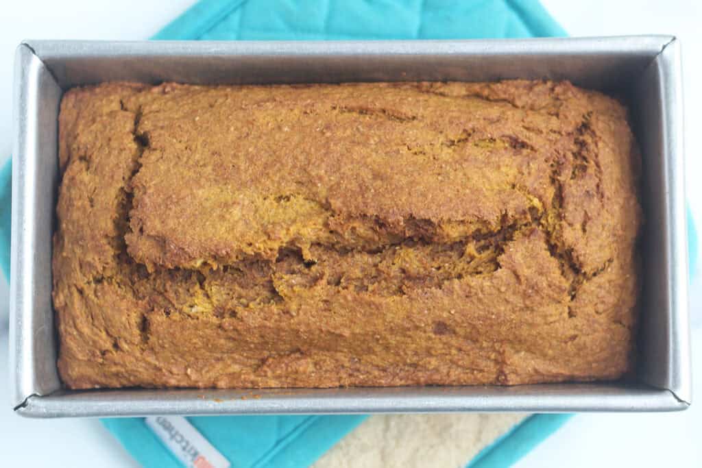 baked pumpkin bread in baking pan.