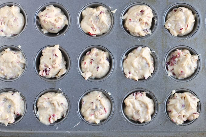 cranberry orange muffin batter in muffin pan.