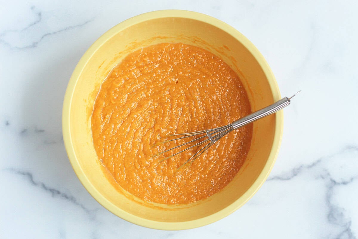 wet ingredients for healthy pumpkin bread in yellow bowl.