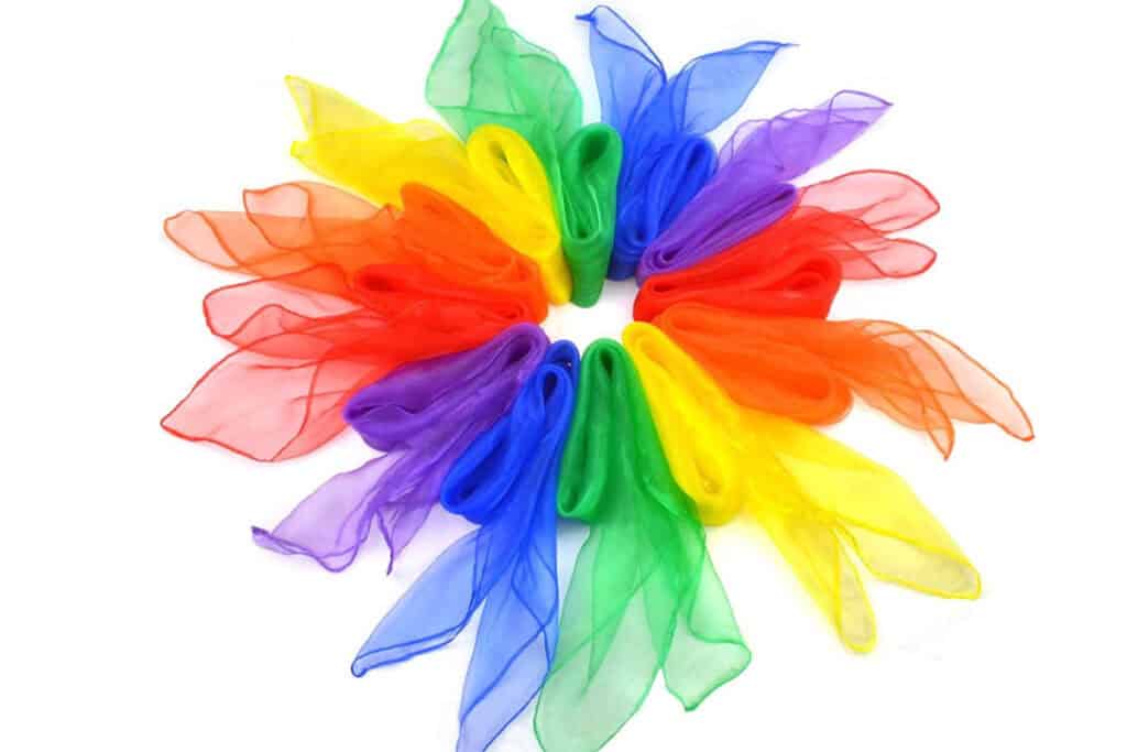 scarves in rainbow colors.