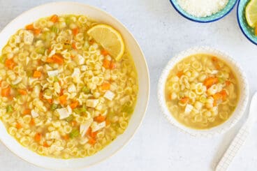 turkey noodle soup in bowls.
