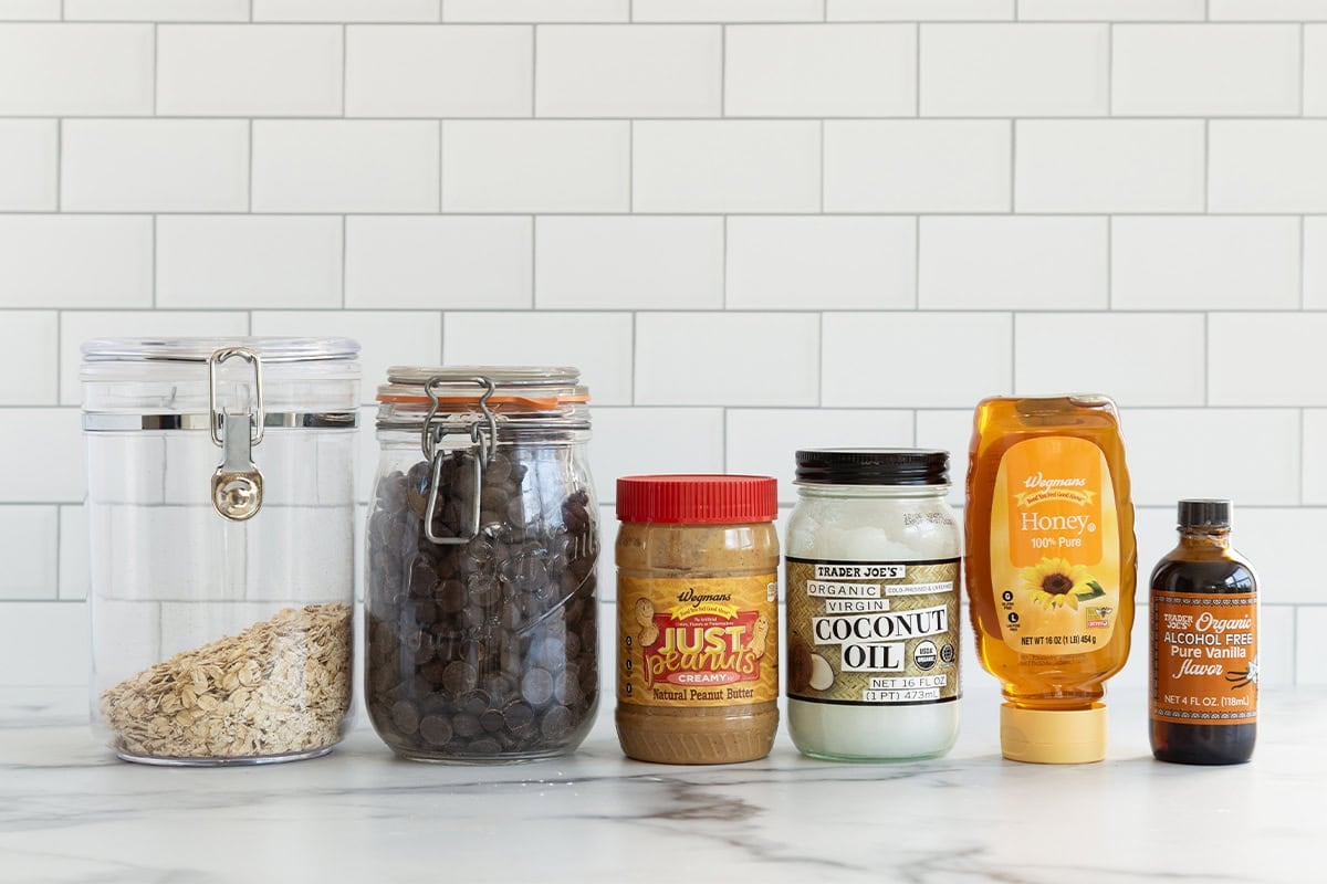 Ingredients for no bake chocolate cookies on countertop.