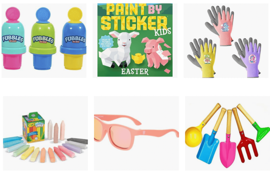 toddler easter basket stuffers in grid of 6.