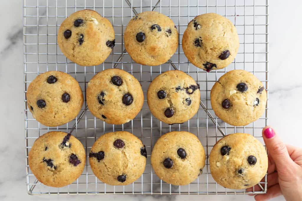 Cottage cheese muffins on cooling rack.