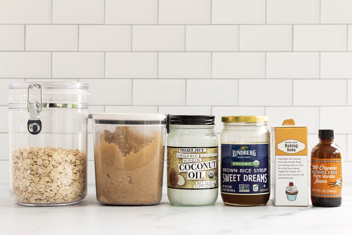 Ingredients for crunchy granola bars on countertop.