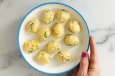 Rice balls on plate with hands holding plate.