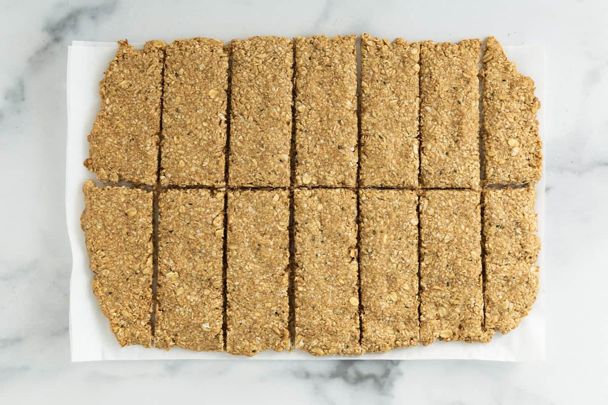 Healthy granola bars on parchment paper.