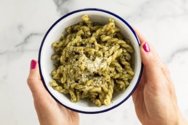 Nut free pesto with pasta in bowl.
