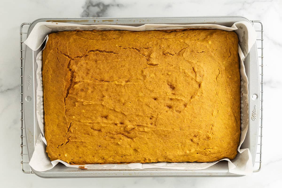 Pumpkin bars in pan after baking.