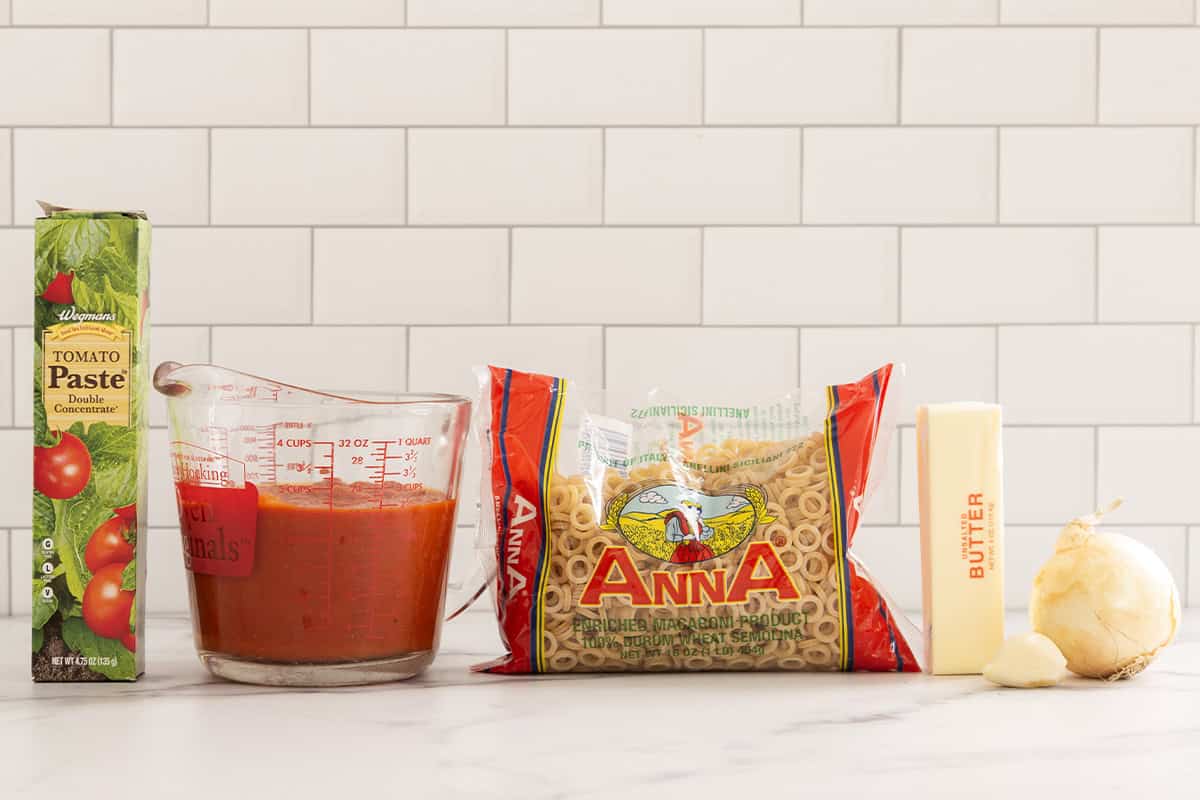 Ingredients for spaghettios on countertop.