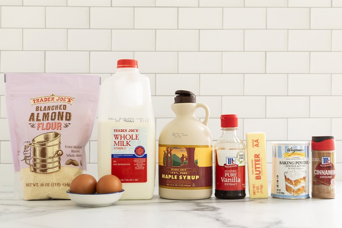 Ingredients for almond flour pancakes on countertop.