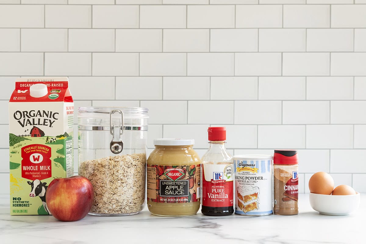 Ingredients for apple oatmeal bars on countertop.