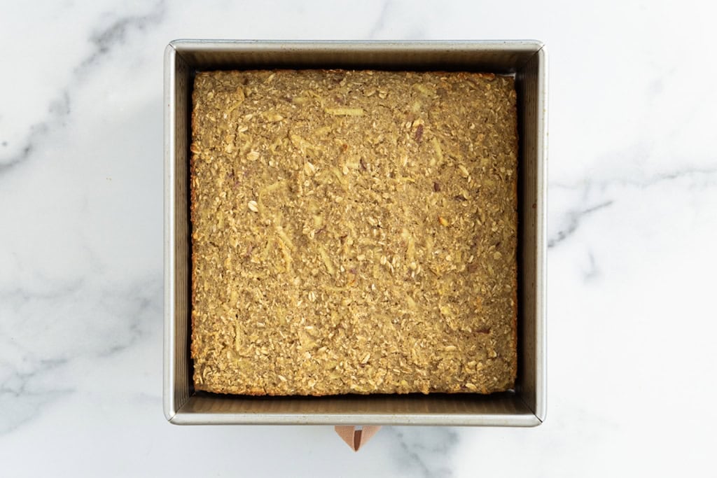 Apple oatmeal bars in pan after baking.