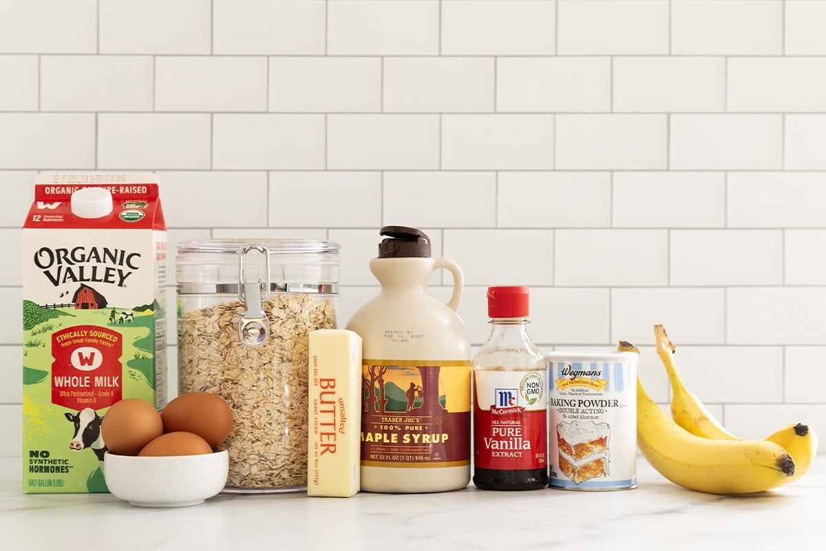 Ingredients for banana bread baked oatmeal on countertop.