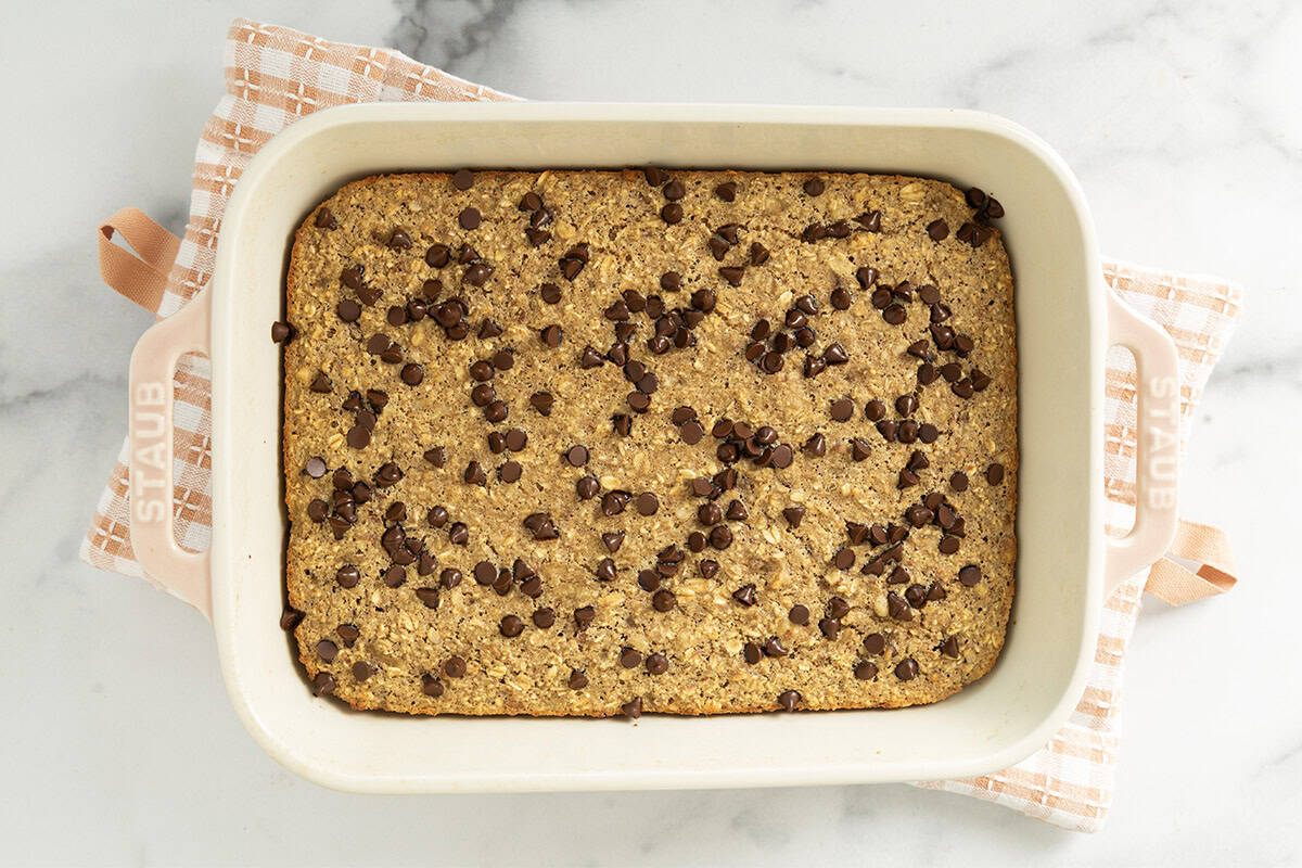 Banana bread baked oatmeal in pan after cooking.