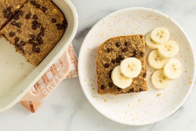 slice of banana bread on plate.