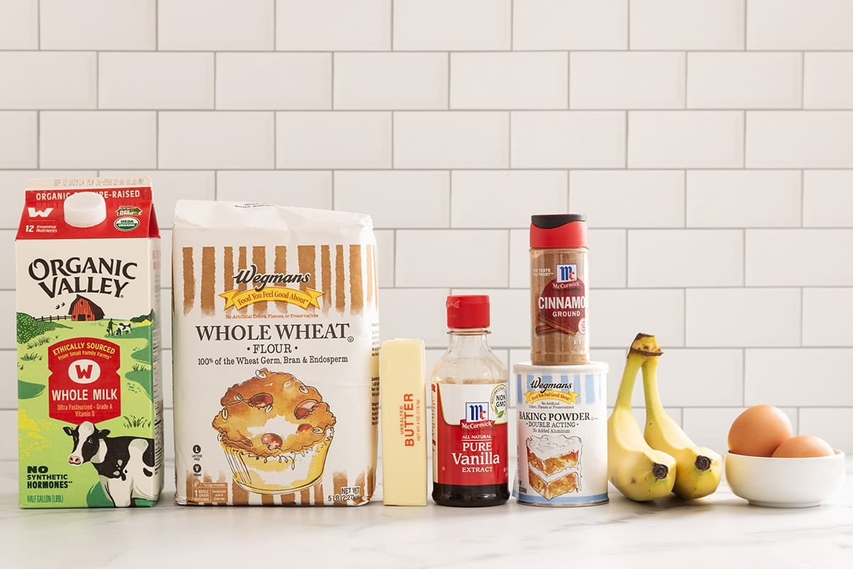 Banana waffles ingredients on countertop.