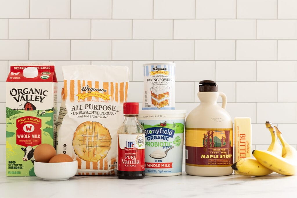 ingredients in banana yogurt pancakes on counter.