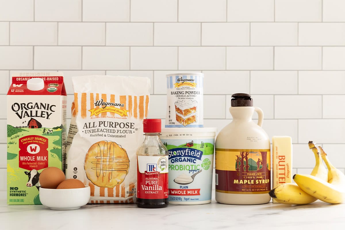 ingredients in banana yogurt pancakes on counter.
