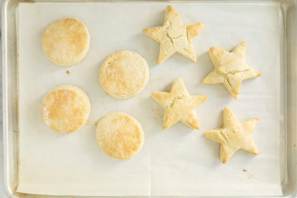 Biscuits on baking sheet after baking.